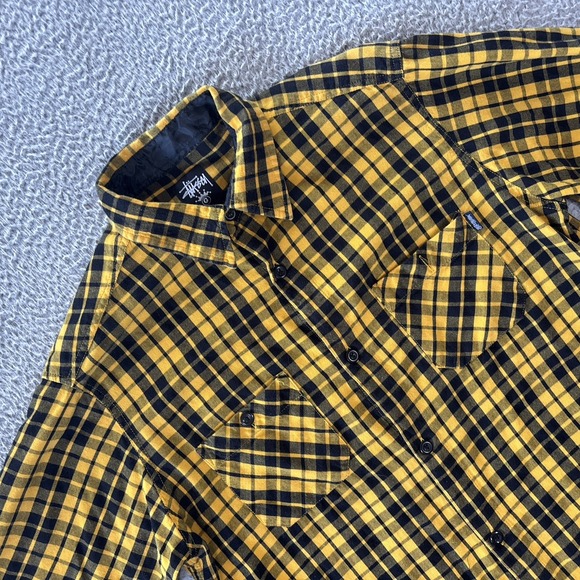 Stussy Flannel Shirt Mens XL Short Sleeve Button Up Plaid Check Yellow Black Y2K - Picture 1 of 10